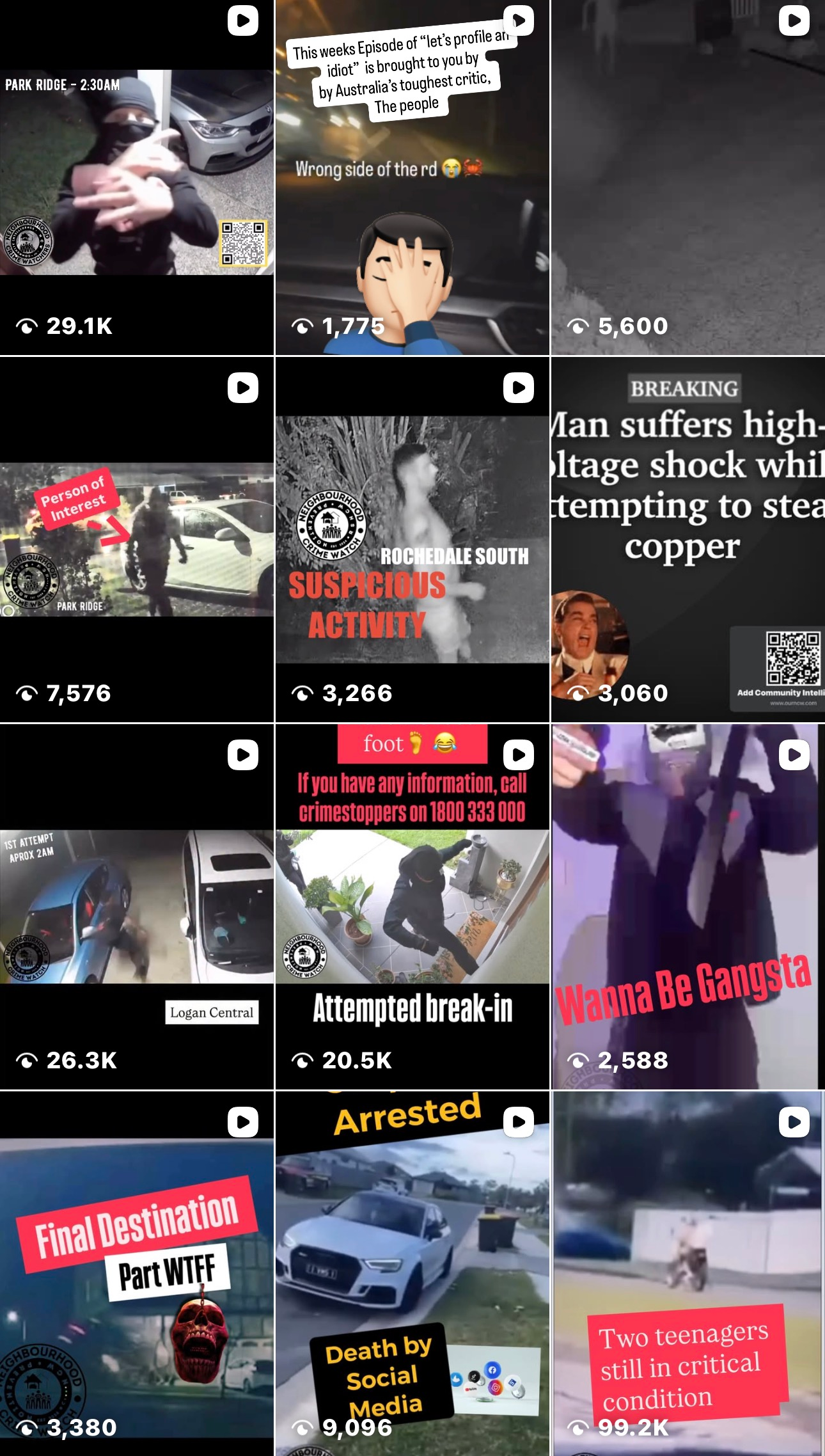 Collage of nine dark-themed social media/video thumbnails with bold text overlays and varied scenes