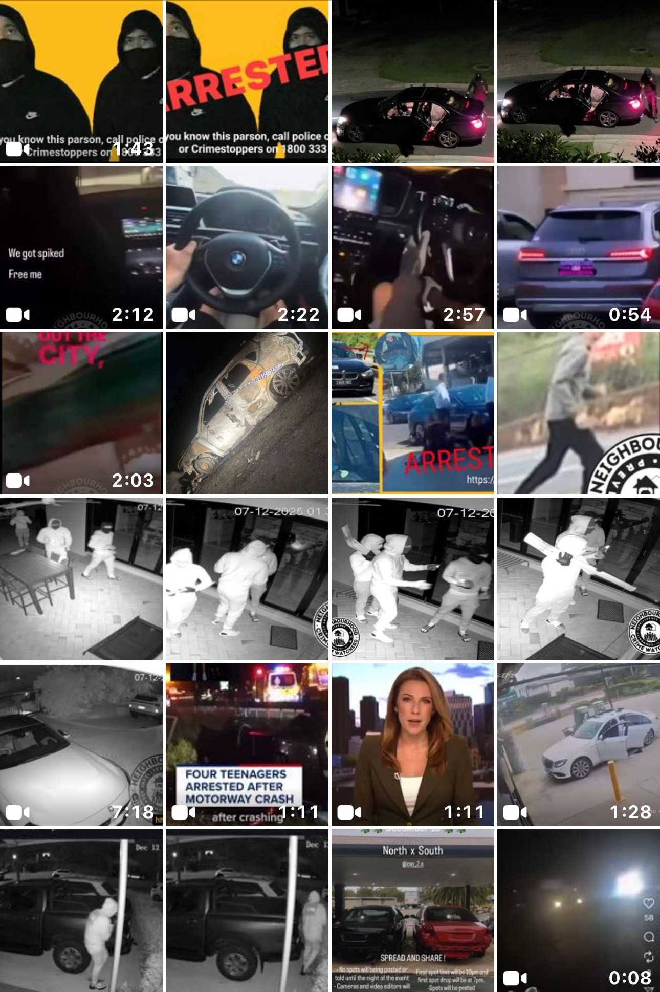 Grid of surveillance-style clips showing nighttime street scenes, police lights, and a TV news anchor.