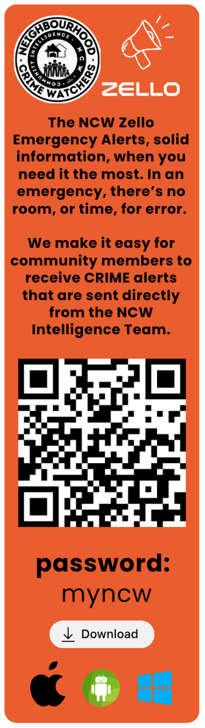 Orange graphic with Zello logo, text about emergency alerts, QR code, password 