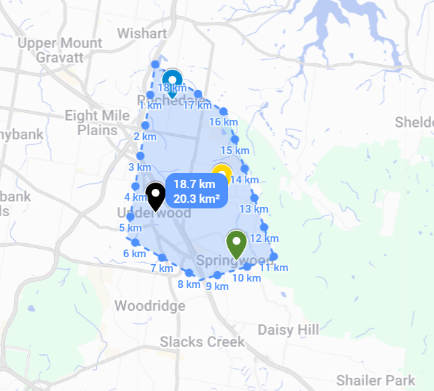 Map of an area, marked with a blue polygon and labeled distances. Locations mentioned include Underwood and Springwood.