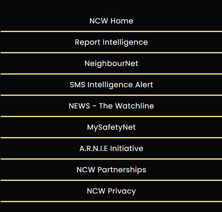 Menu with navigation options related to community safety, displayed in gold text on a black background.