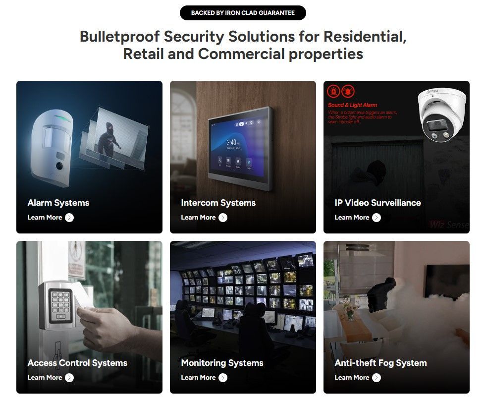 Security product grid for residential, retail and commercial properties, with cameras, alarms and access systems