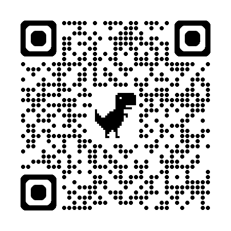 QR code with a pixelated dinosaur in the center.
