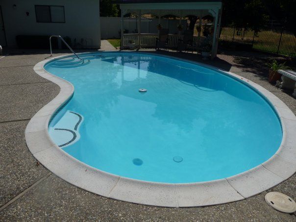Blue swimming pool with a curved shape, surrounded by a concrete patio. Blue swimming pool with a curved shape, surrounded by a concrete patio.