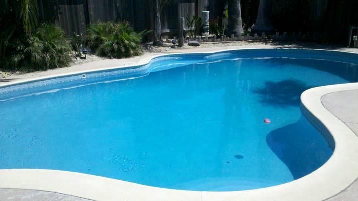 Blue swimming pool with light-colored concrete surround, set outdoors with trees and a fence in the background. Blue swimming pool with light-colored concrete surround, set outdoors with trees and a fence in the background.