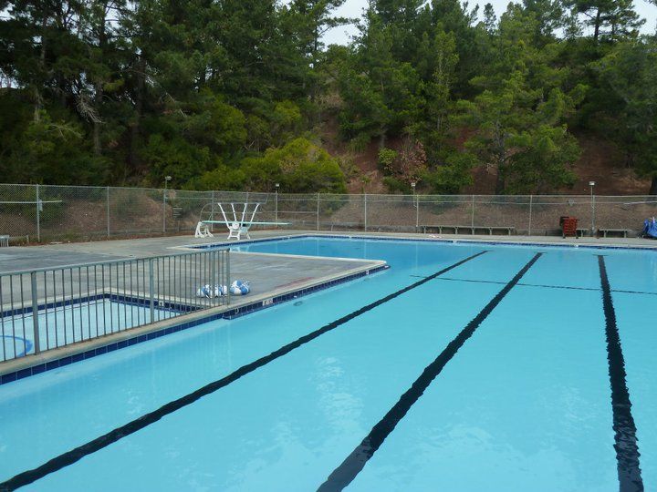 Outdoor swimming pool with blue water and black lane lines. Fenced perimeter, trees in background. Outdoor swimming pool with blue water and black lane lines. Fenced perimeter, trees in background.