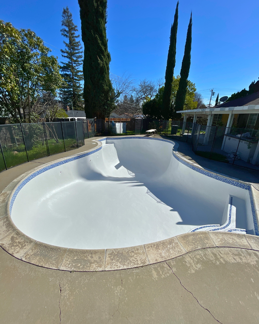 Pool with curved edges, blue water, stainless steel ladder, white coping, and concrete patio. Pool with curved edges, blue water, stainless steel ladder, white coping, and concrete patio.