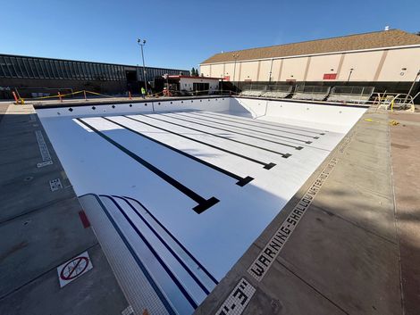 Blue swimming pool with a curved shape, surrounded by a concrete patio. Blue swimming pool with a curved shape, surrounded by a concrete patio.