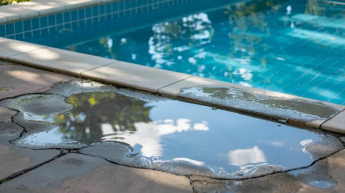 Pool with curved edges, blue water, stainless steel ladder, white coping, and concrete patio. Pool with curved edges, blue water, stainless steel ladder, white coping, and concrete patio.