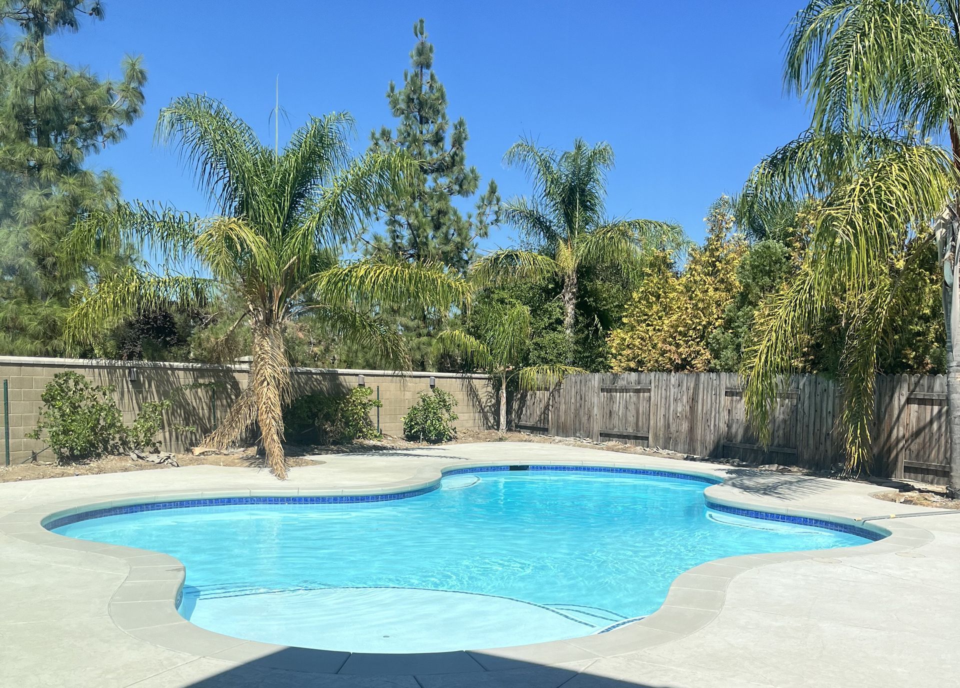 A fiberglass coated plaster pool full of water. A fiberglass coated plaster pool full of water.