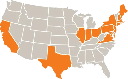 A map of the united states with orange states highlighted