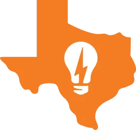 An orange map of texas with a light bulb and a lightning bolt