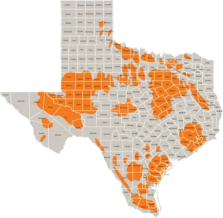 A map of the state of texas with orange areas