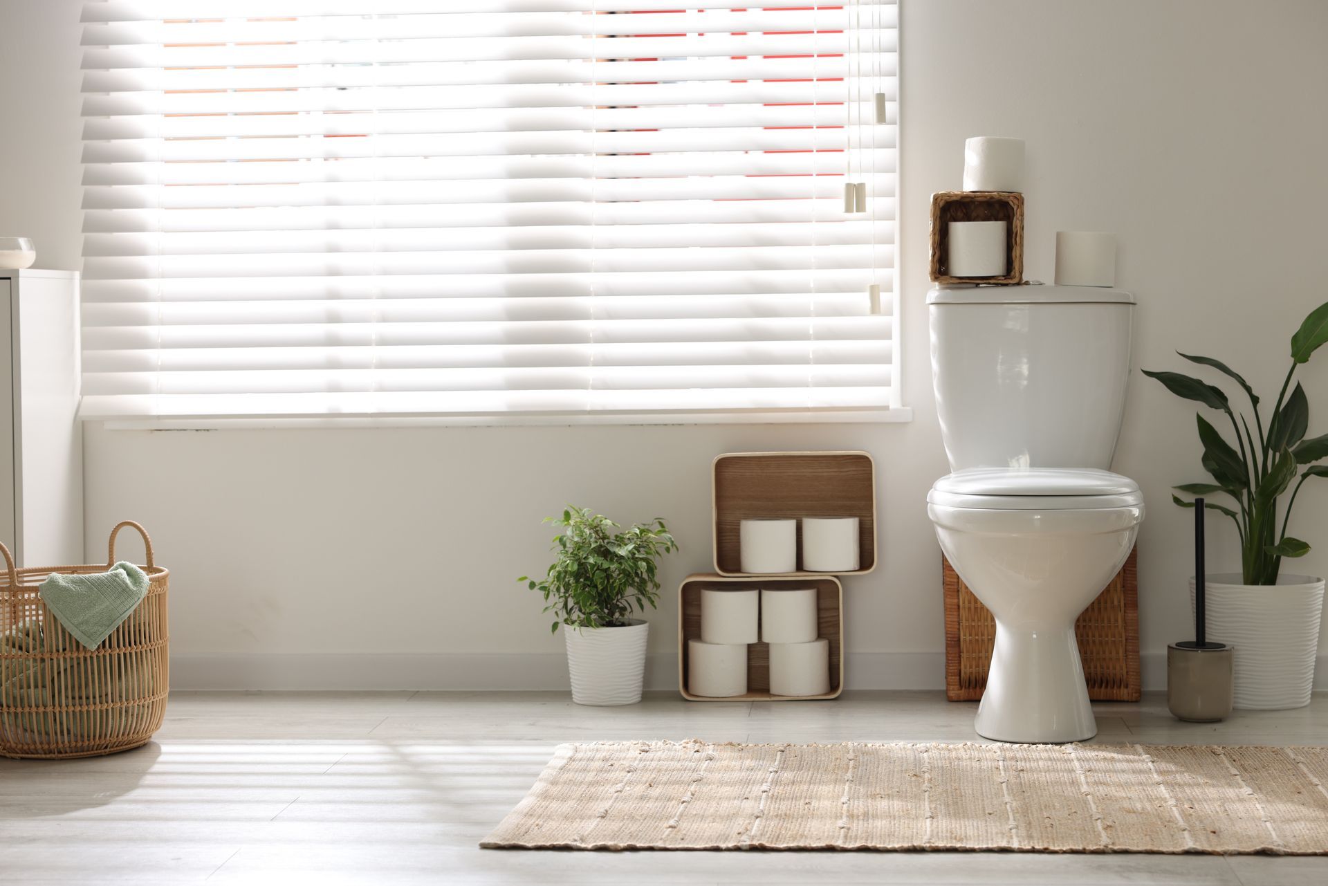 Bathroom with white toilet, window with blinds, plants, and wicker basket.