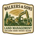 A logo for "Walkers & Sons Land Management" featuring a skid steer and excavator with trees on a tan background.
