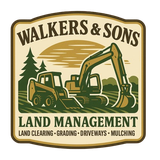 A logo for "Walkers & Sons Land Management" featuring a skid steer and excavator with trees on a tan background.