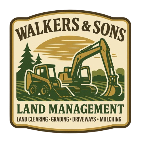 A logo for "Walkers & Sons Land Management" featuring a skid steer and excavator with trees on a tan background.
