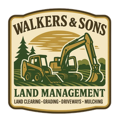 A logo for "Walkers & Sons Land Management" featuring a skid steer and excavator with trees on a tan background.