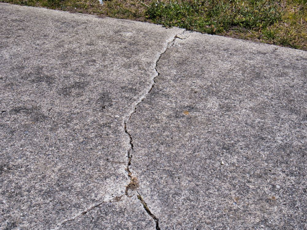 A crack runs through a rough, gray concrete surface near a patch of green grass.