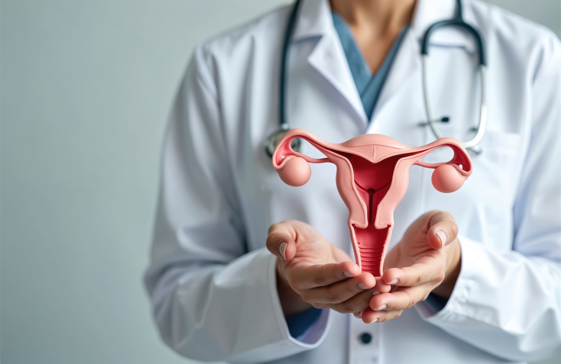 Doctor holding a glowing uterus model in cupped hands, symbolizing gynecological care.