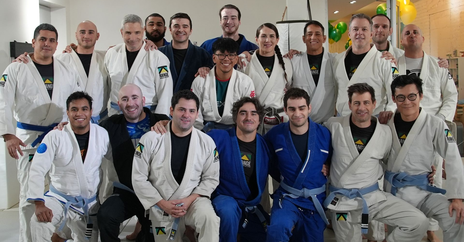 Adults drilling Brazilian Jiu-Jitsu at Range Brazilian Jiu-Jitsu NYC in Manhattan, New York, building fitness and focus.