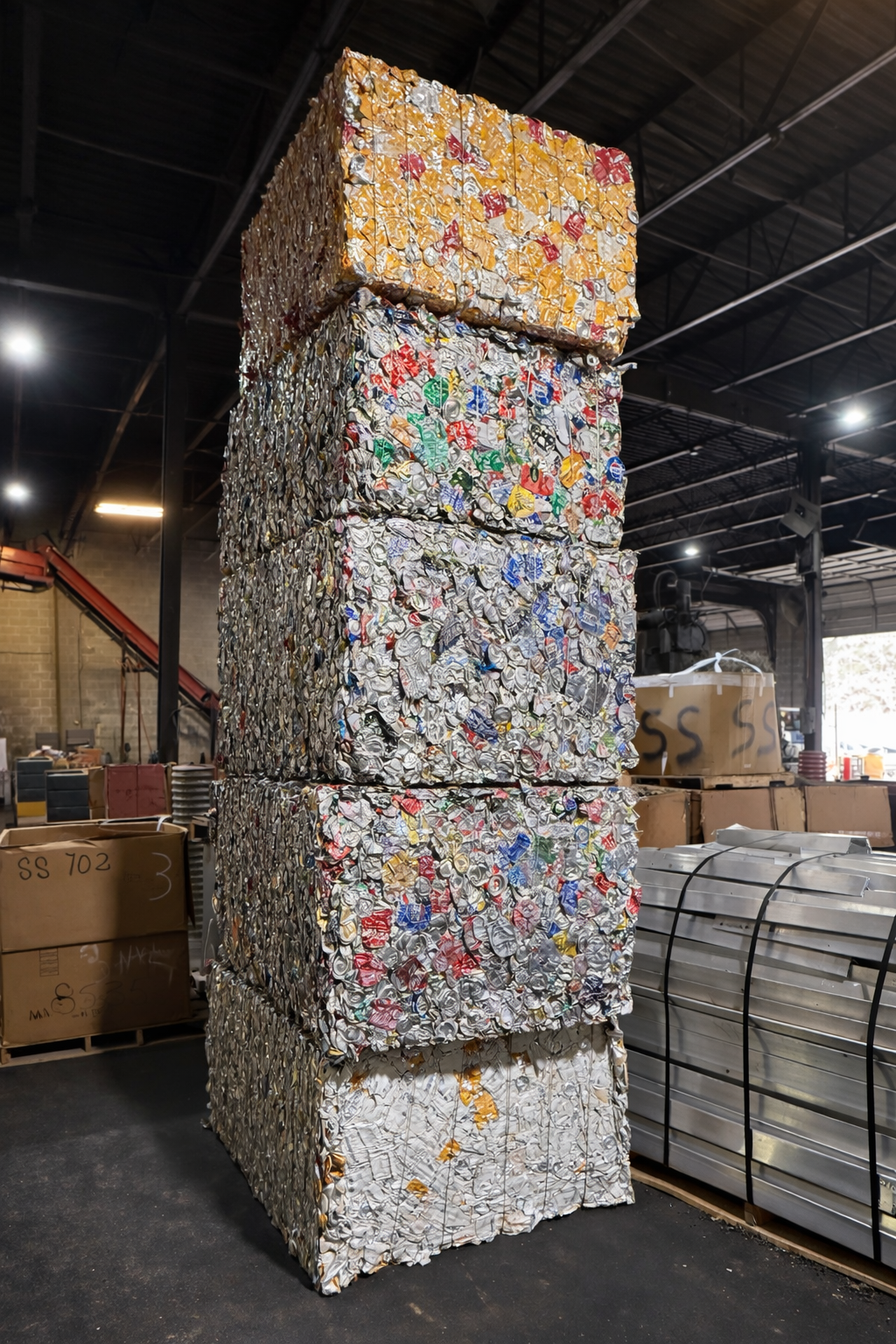 A stack of five large, compressed cubes of multicolored recycled aluminum cans inside a warehouse.