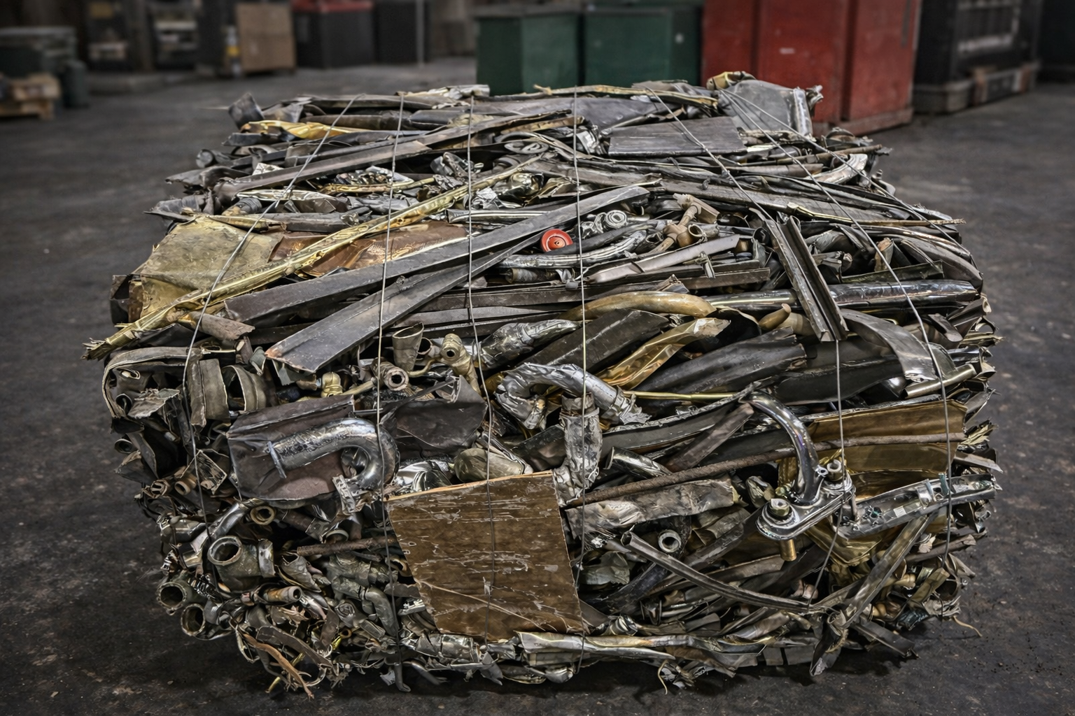 A dense, rectangular bale of various scrap metal pieces bound by wire, situated on a dark industrial warehouse floor.