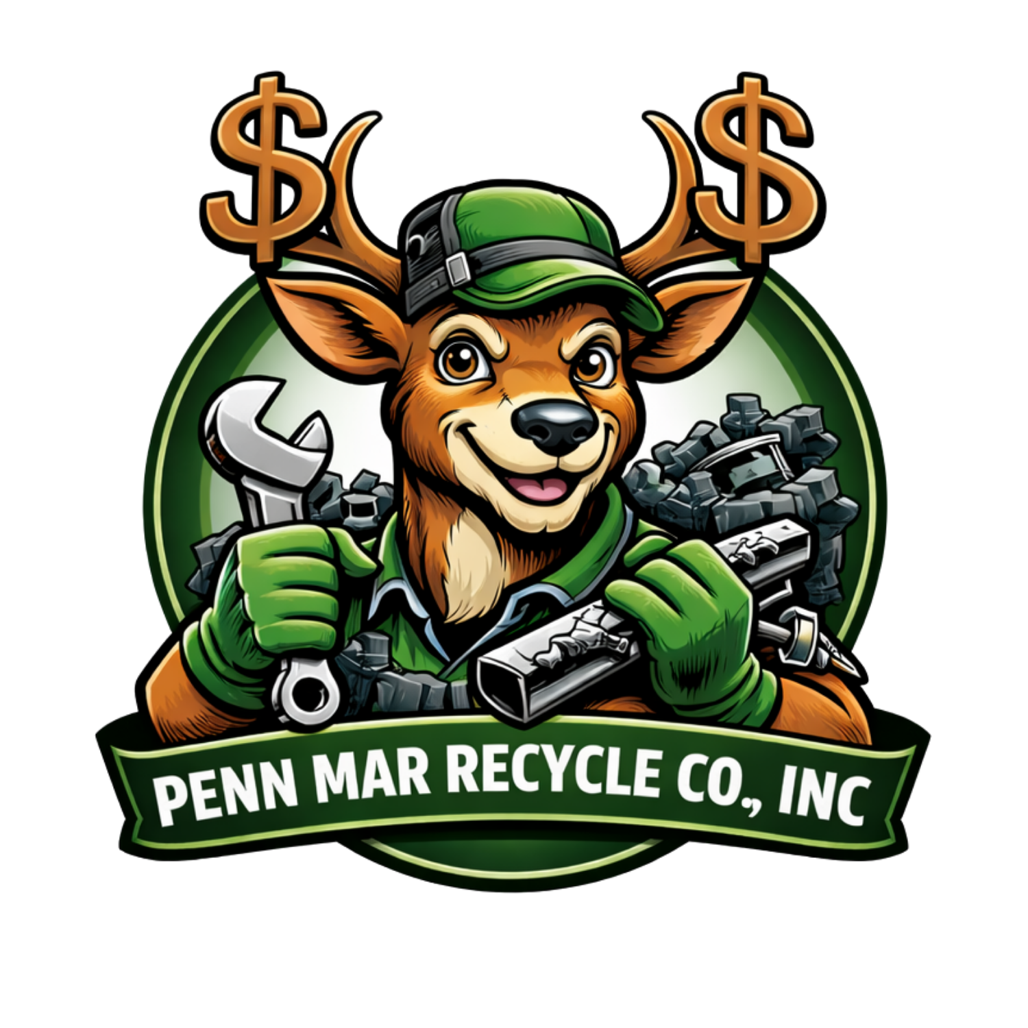 A mascot deer wearing a green cap holds a wrench, with piles of scrap metal and dollar signs against a green background.
