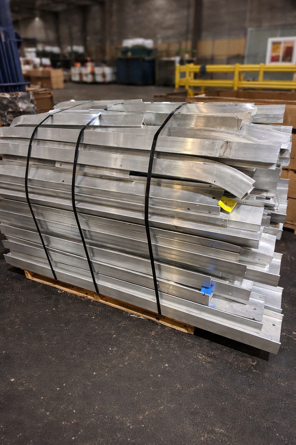 A pallet of stacked, silver-colored metal beams held together by black straps in an industrial warehouse setting.