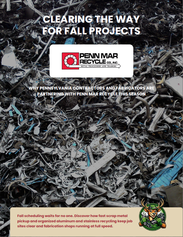 Maryland Recycle logo over scrap yard with metal machinery; red crab and “The Circular Economy in Action” text.