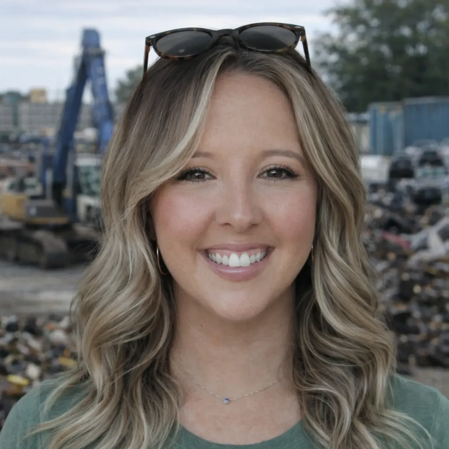 A smiling woman with blonde highlights and sunglasses on her head stands in front of a blurred industrial equipment yard.