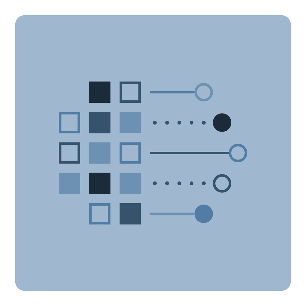 Blue icon of sliders and square blocks, symbolizing artificial intelligence