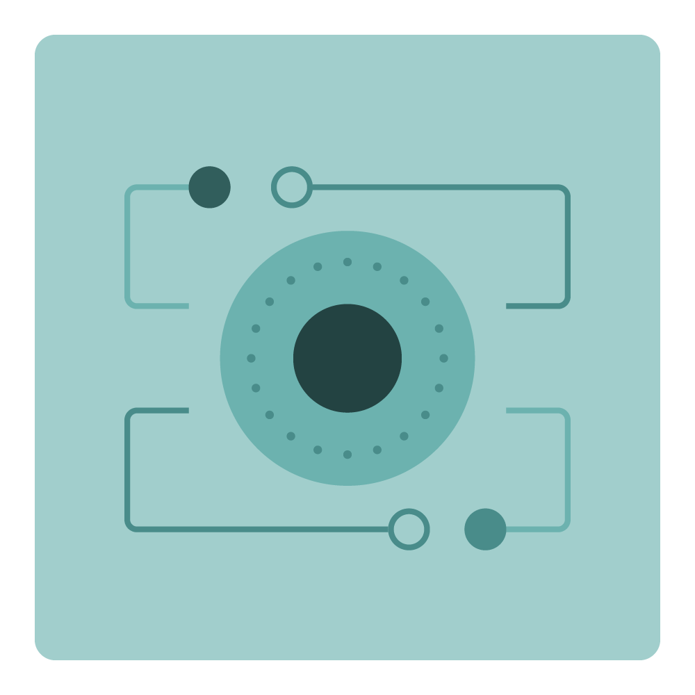 Abstract teal icon of a camera lens or eye with circuit-like lines and dots on a square background symbolizing cybersecurity