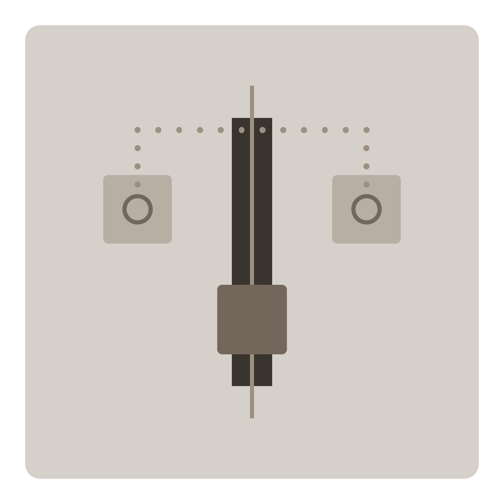 Stylized balance scale with two hanging weights and a central vertical bar on a beige background symbolizing ethics