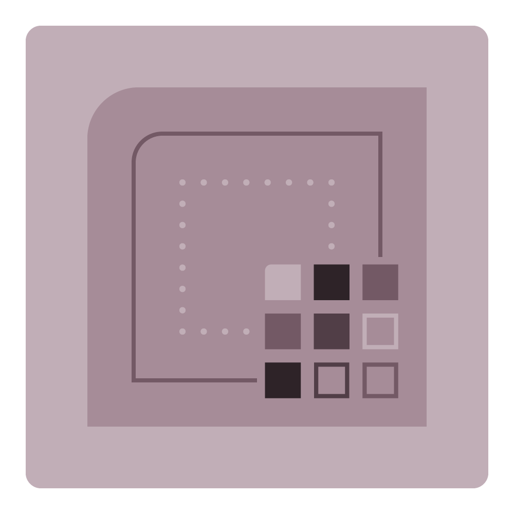 Abstract squares with layered outlined shapes and a grid of dark and light squares in the lower right symbolizing governance