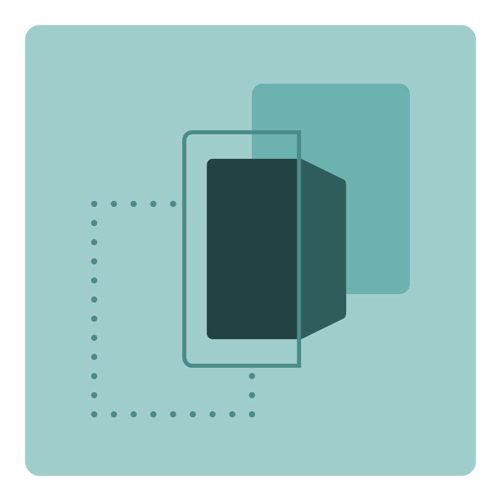 Abstract teal icon of layered rectangles and a dotted outline frame symbolizing privacy