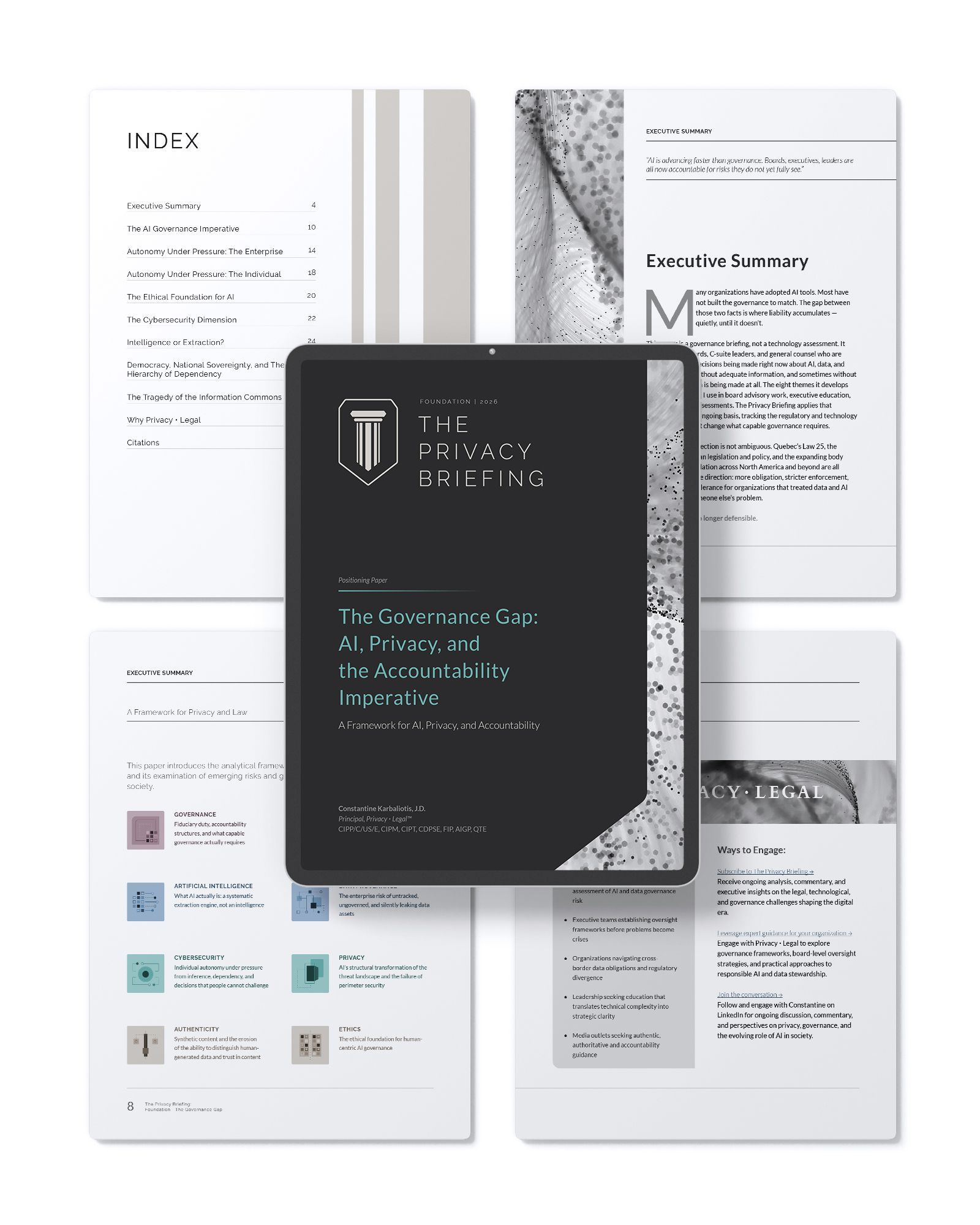 Four-page black-and-white brochure layout with a dark central cover and surrounding text-heavy pages