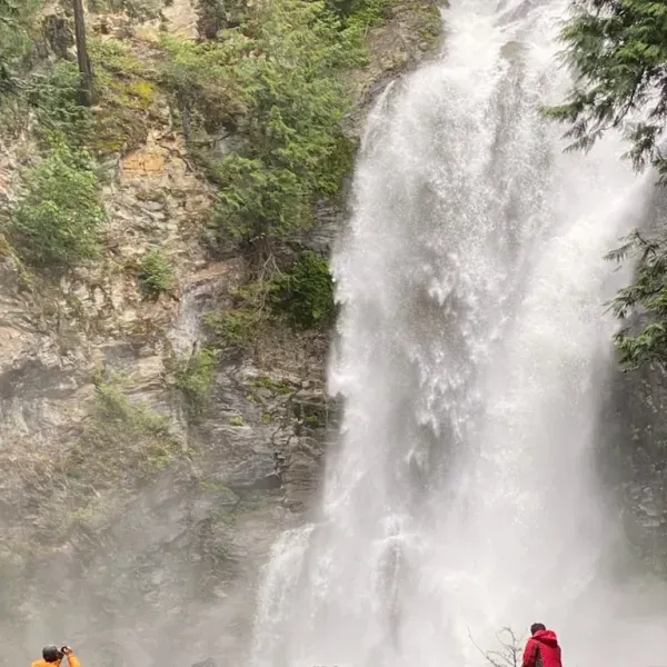 Two people are standing in front of a waterfall in the woods.