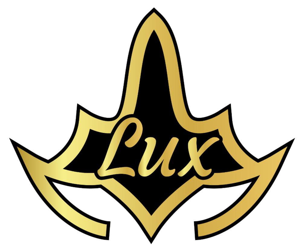 A gold and black lux logo on a white background