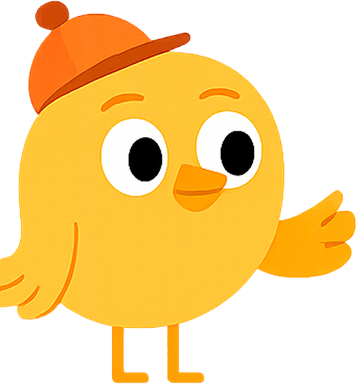 Yellow cartoon chick wearing an orange cap, waving a wing.