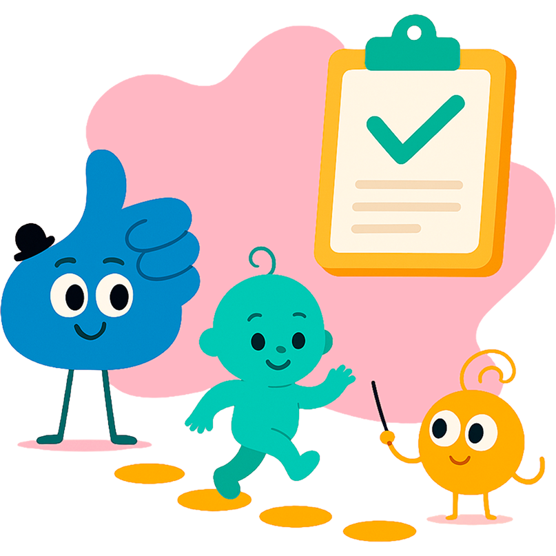 Blue thumbs-up figure and baby-like figure walking on stepping stones toward a checklist held by a round, orange figure.