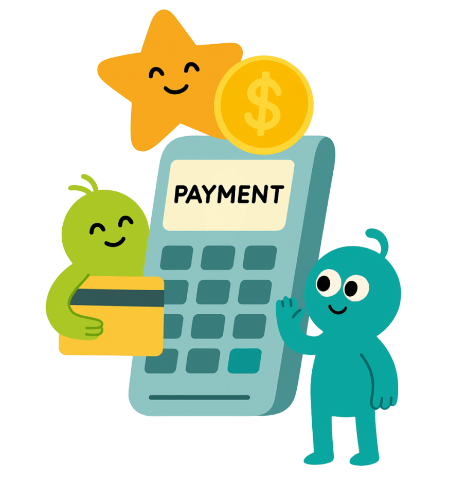 Cartoon characters paying with a card, a calculator labeled 