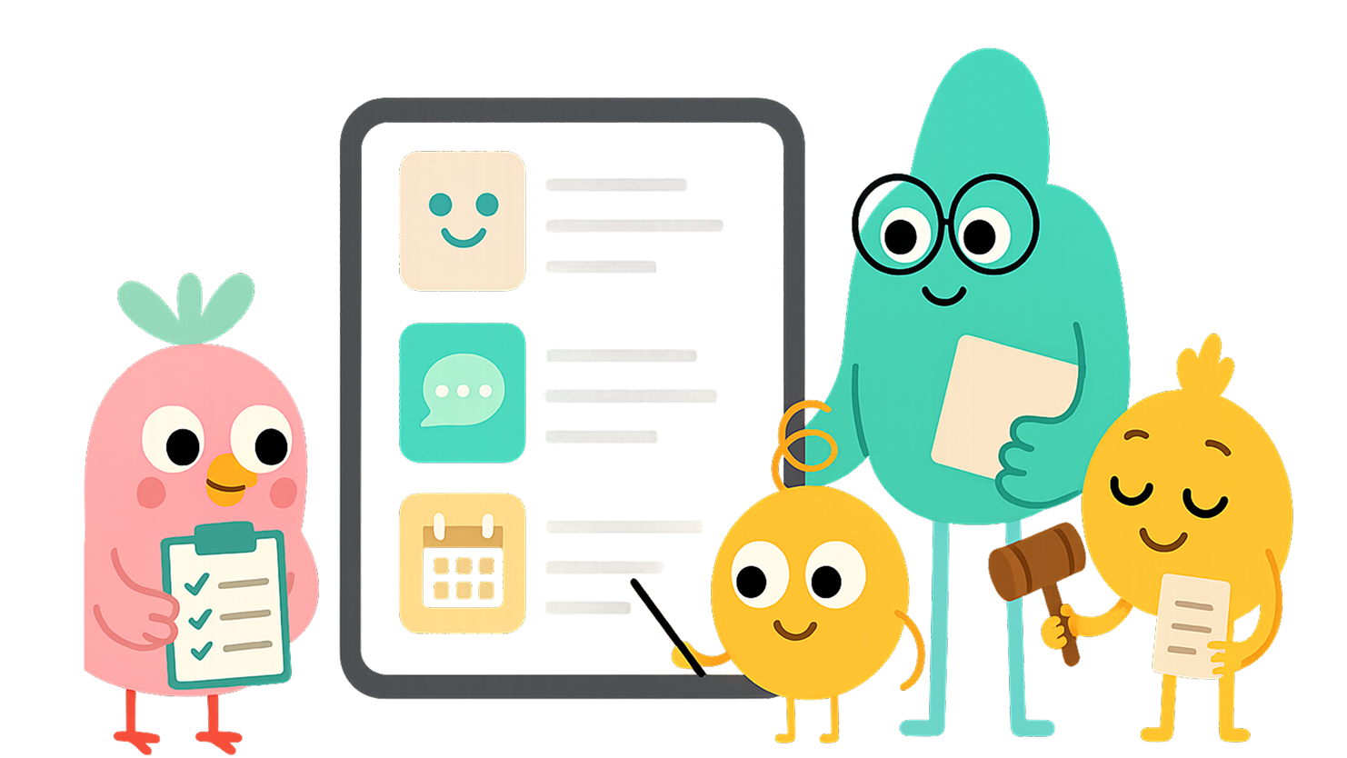 Cartoon characters interacting with a tablet; a pink bird with a clipboard, a teal character with papers, and two yellow characters; one points to the tablet, one with a gavel.