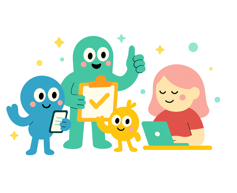 Team of cartoon characters working together, with thumbs up, clipboard, and laptop.