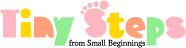 Logo for Tiny Steps with a colorful footprint, text says 