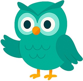 A cartoon owl with big eyes and an orange beak is waving its arm.