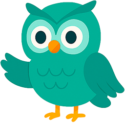 A cartoon owl with big eyes and an orange beak is waving its wing.