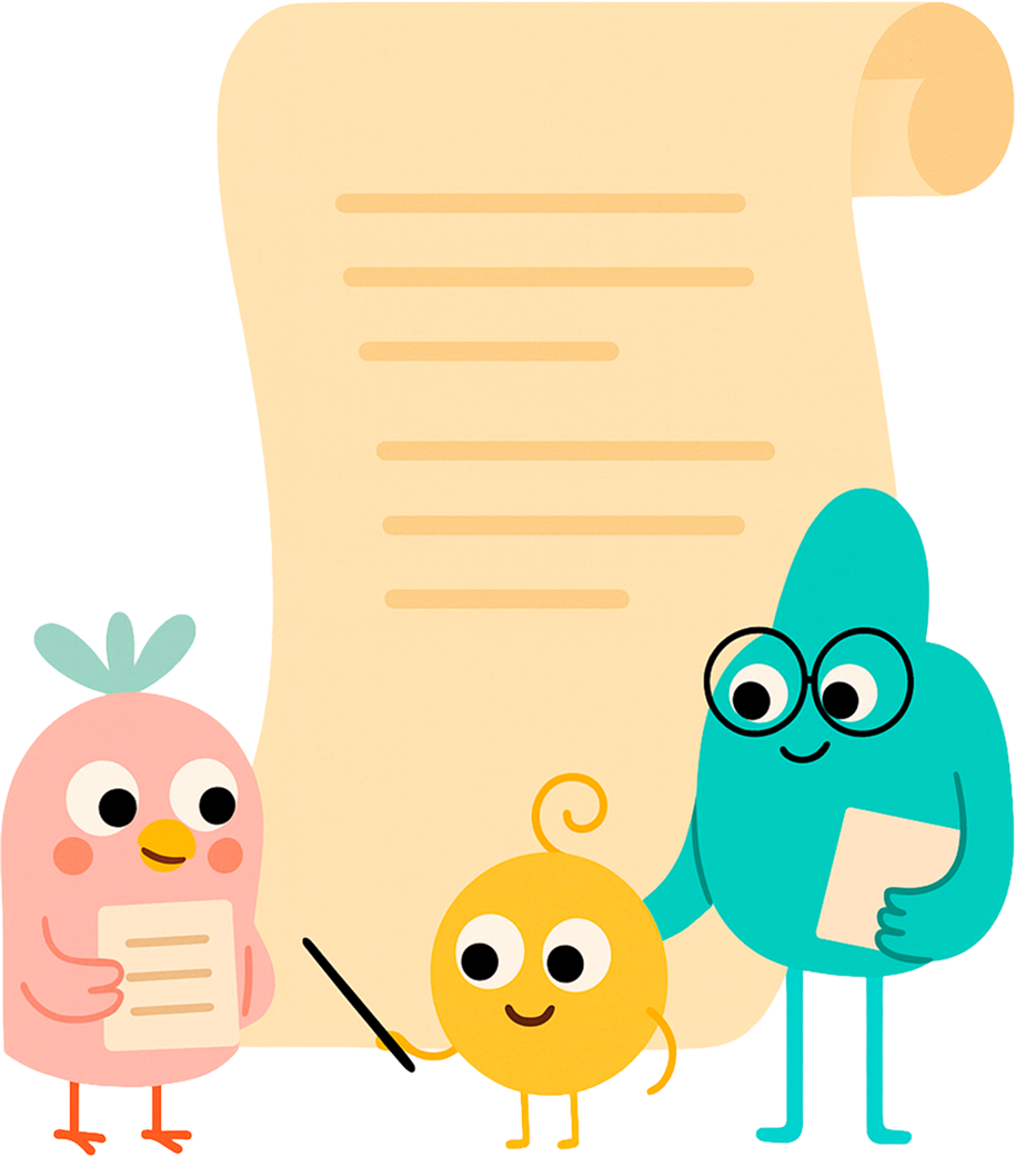Three cartoon figures by a large scroll. Bird with paper, yellow pointing, blue with glasses holding paper.