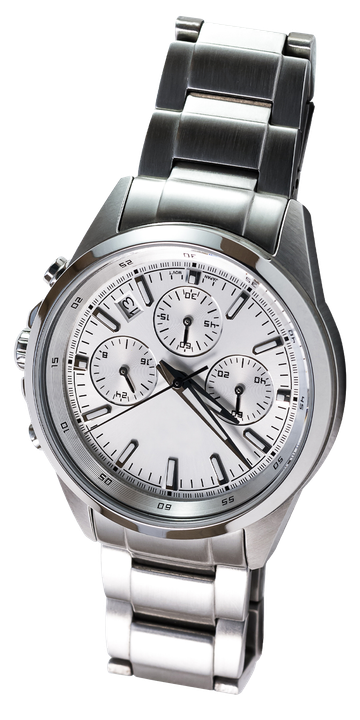 Silver analog wristwatch with white dial and metal band on a white background