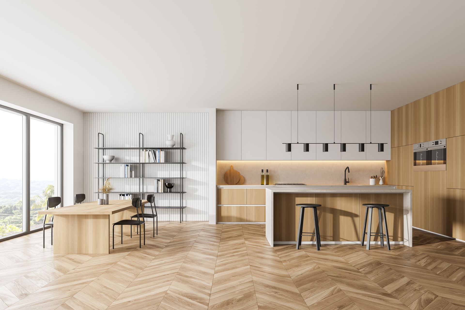 Cuisine moderne avec des accents en bois, une table à manger et un bar à petit-déjeuner.